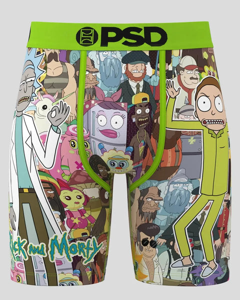 PSD boxer briefs with Rick and Morty characters and parasites printed throughout in various colors on white, green, and brown