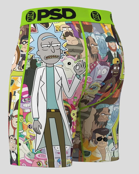 PSD boxer briefs featuring Rick and Morty characters with lime green waistband and colorful cartoon print.