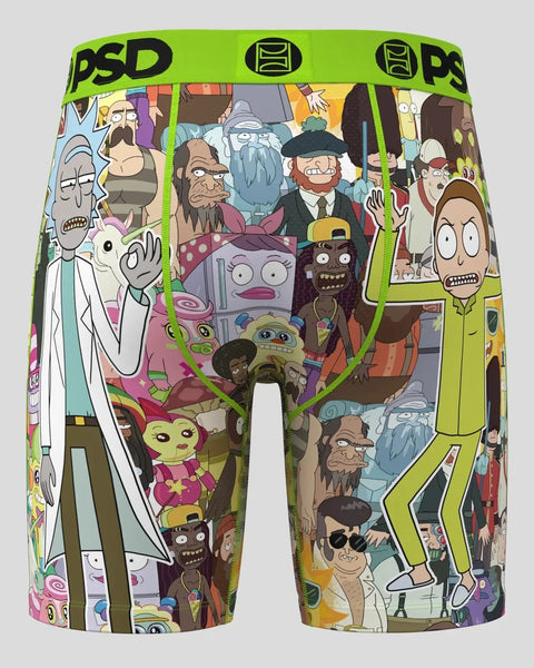 PSD men's boxer briefs with green waistband featuring Rick and Morty cartoon characters and parasites in colorful scene.