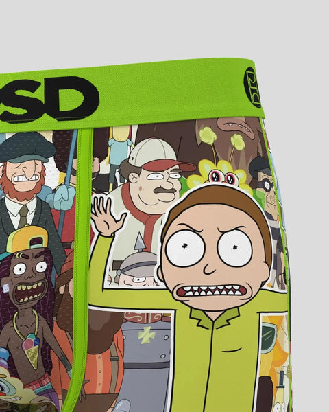 Rick and Morty Parasite episode artwork printed on bright green fabric with character illustrations and yellow antennae detai
