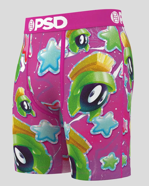 PSD underwear featuring Marvin the Martian character with green alien heads and blue stars on magenta background.