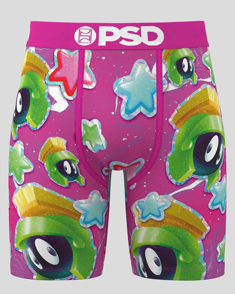 PSD brand magenta boxer shorts with Marvin the Martian characters and colorful star patterns.