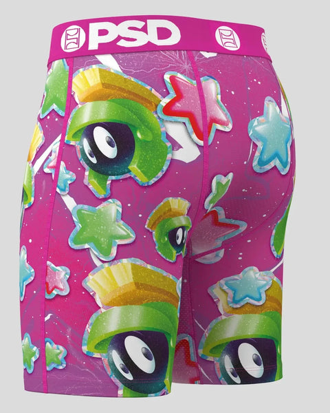PSD boxer brief with Marvin the Martian character and colorful stars on magenta background.