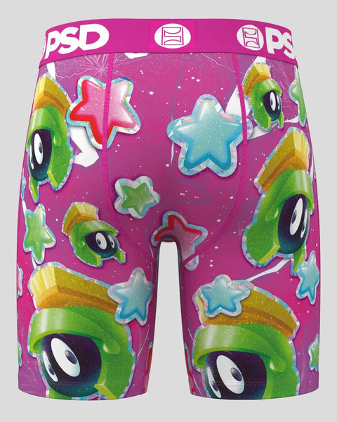 Magenta boxer briefs with Marvin the Martian faces and colorful stars pattern, PSD waistband.