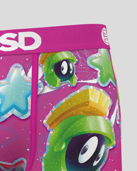 Magenta fabric with Marvin the Martian character featuring green head, large black eyes, and yellow helmet on pink background