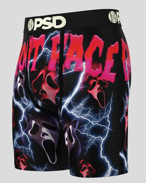 Black shorts with red "HYPE" text, ghost face masks, and blue lightning bolt design; PSD waistband.