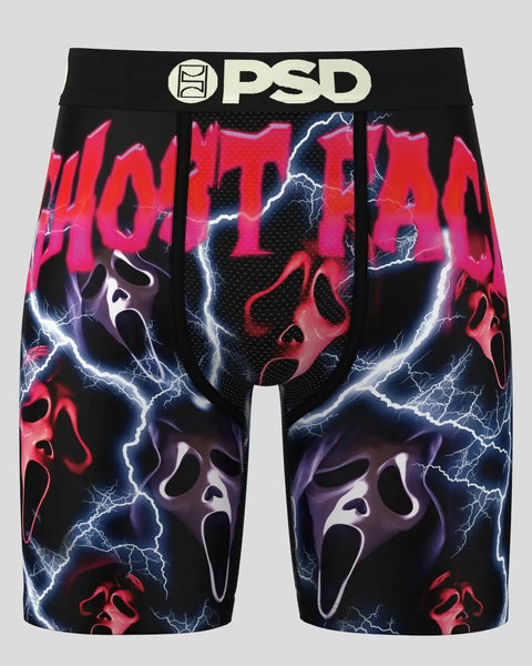 Black PSD boxer briefs with red "HYPE" text, ghostface masks, and white lightning bolt graphics throughout.