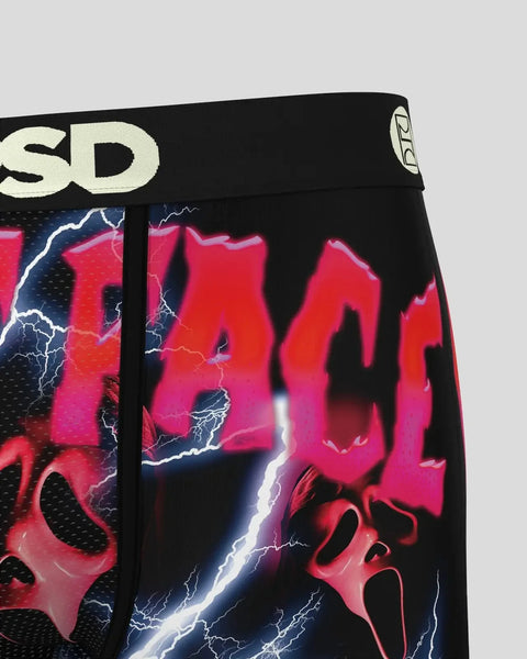 Black boxer briefs with red ghost face graphic and white lightning bolt design, branded waistband visible.
