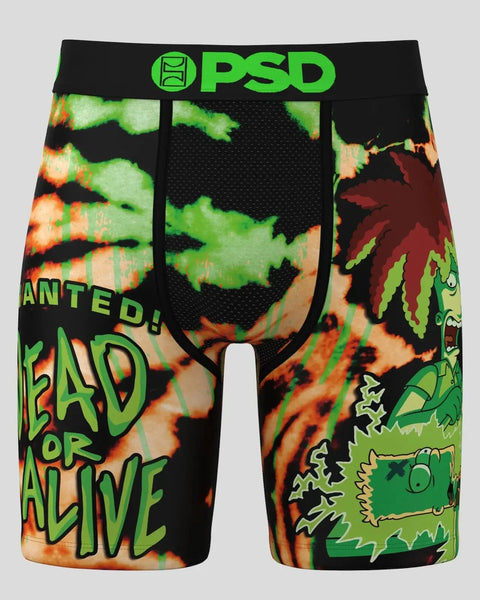 PSD boxer briefs with black waistband, featuring green and orange zombie face graphics and 