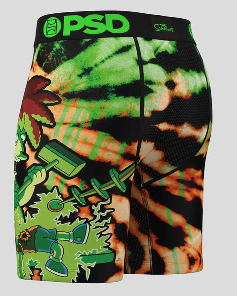 PSD brand boxer briefs with The Simpsons characters and green and orange tie-dye pattern on black background.