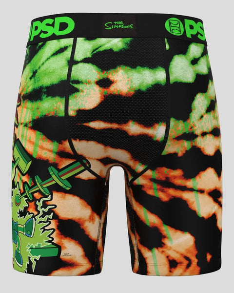 PSD brand boxer briefs with black, green, and orange Simpsons character graphic print and waistband logo.