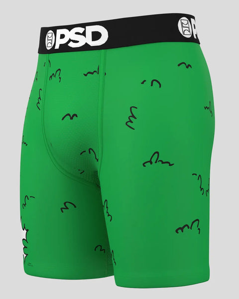 Green PSD boxer briefs with black waistband and scattered bush-pattern design throughout.