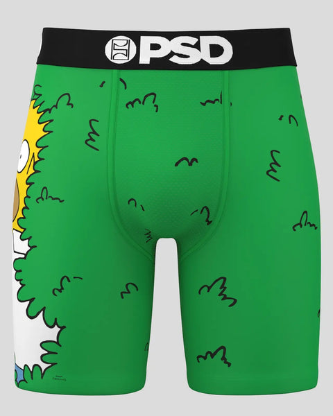 Green boxer briefs with black PSD waistband featuring Simpsons character graphics and bush pattern.