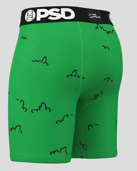 Green PSD boxer briefs with black waistband featuring scattered bush illustrations throughout.