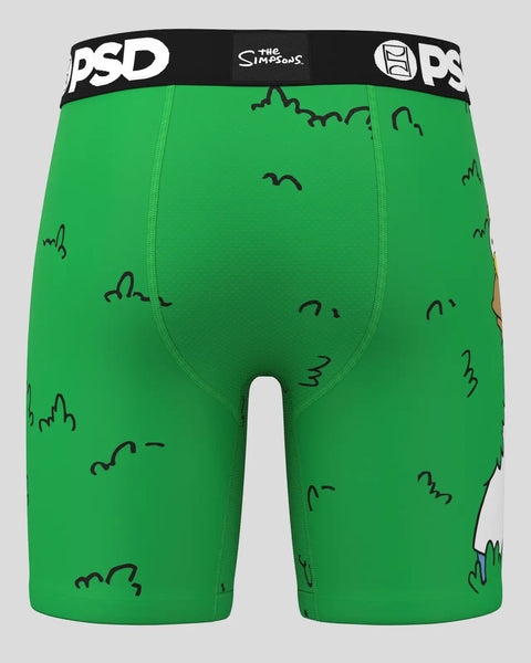 Green boxer shorts with black waistband featuring The Simpsons branding and scattered bush illustrations throughout.