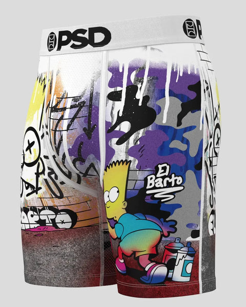 PSD boxer briefs featuring Bart Simpson character with graffiti-style artwork and colorful spray paint design.