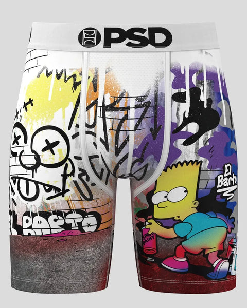 PSD brand boxer shorts featuring Bart Simpson graphics, graffiti art, and colorful splatter designs on white and gray fabric.