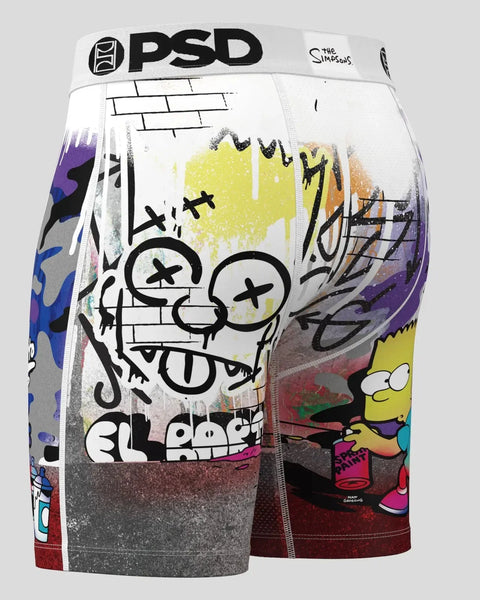 PSD boxer briefs with Simpsons Bart character and graffiti-style artwork in white, yellow, and purple.
