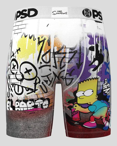 PSD boxer briefs with Bart Simpson character and graffiti-style graphics in yellow, purple, and black.