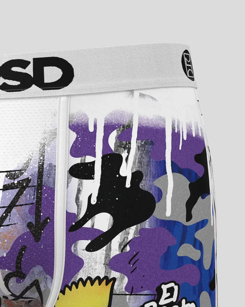 White boxer briefs with Bart Simpson silhouette and purple splatter design with white dripping effect.