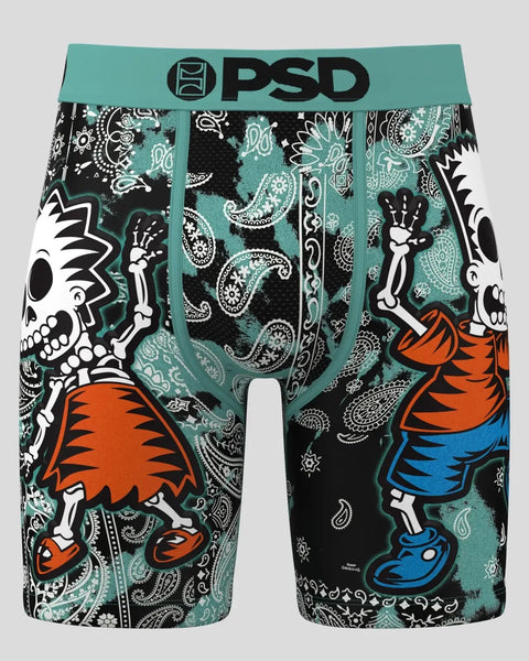 PSD boxer briefs featuring Simpsons characters with skull and paisley patterns in teal, black, and white.