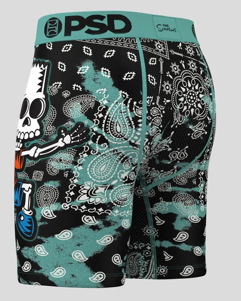 PSD boxer briefs with teal and black skull, paisley, and geometric pattern design featuring The Simpsons characters.