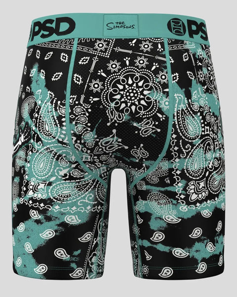 PSD boxer briefs with turquoise and black Day of the Dead skull and paisley pattern design.