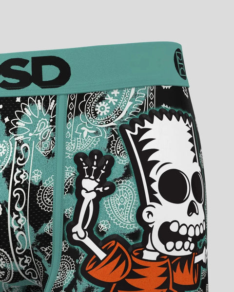 Turquoise boxer briefs with skeleton character design, paisley pattern, and black waistband with partial text visible.