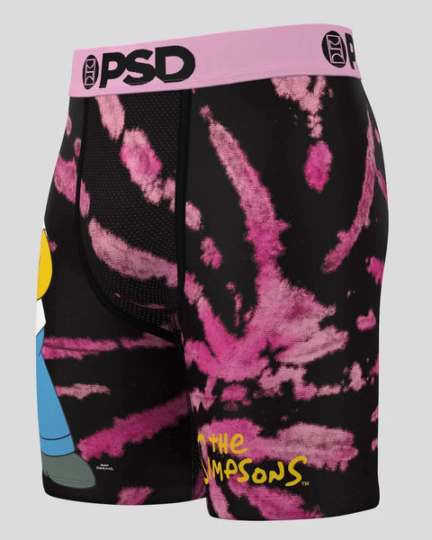 Black and pink Simpsons boxer shorts with PSD waistband and animated character graphics on the legs.