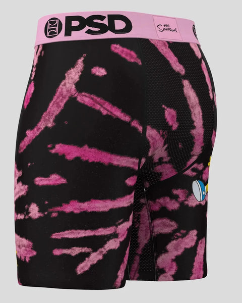 PSD boxer briefs with pink and black abstract pattern, pink waistband with black logo, and small Simpsons character patch on 