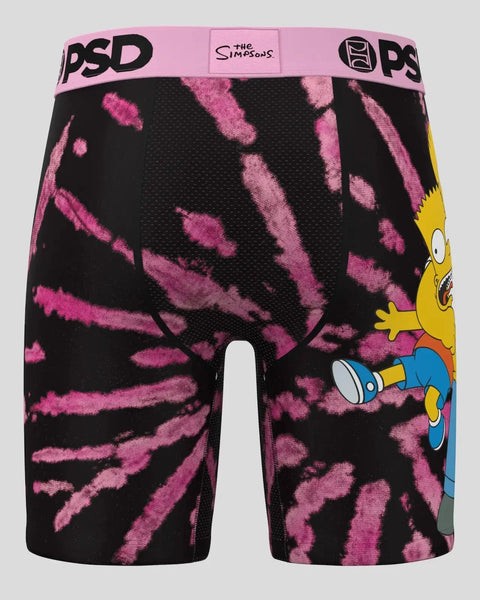 Black and pink patterned boxer briefs with Bart Simpson character graphic and PSD brand waistband.