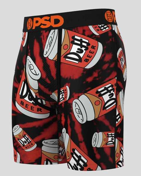 Men's boxer briefs with red and black Duff beer can print and orange PSD waistband.
