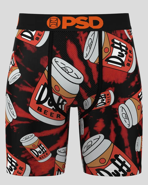 PSD boxer shorts with repeating Duff beer can pattern in red, black, and white on black background with tie-dye effect.