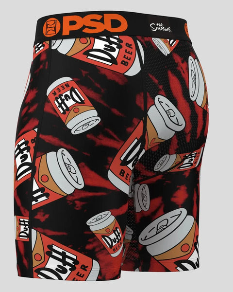 PSD boxer briefs featuring Duff beer cans on black and red tie-dye background.
