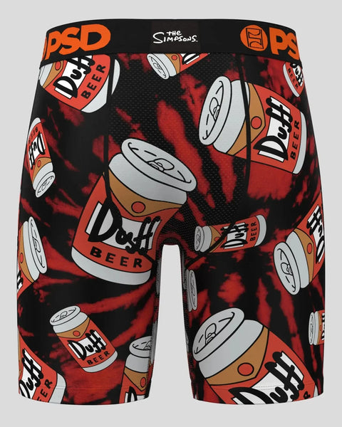 Men's boxer briefs with repeated Duff Beer can pattern on red and black tie-dye background, orange PSD waistband.