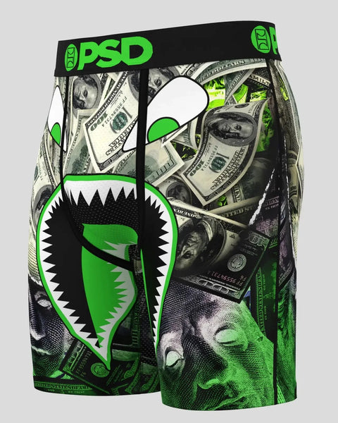 PSD boxer briefs with green and black dollar bill print and cartoon monster face graphic.