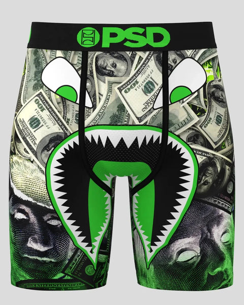PSD men's boxer briefs with green waistband, dollar bill and monster face graphic design in black and green.