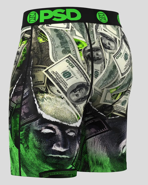 PSD boxer briefs with black waistband featuring green and white dollar bill print design.