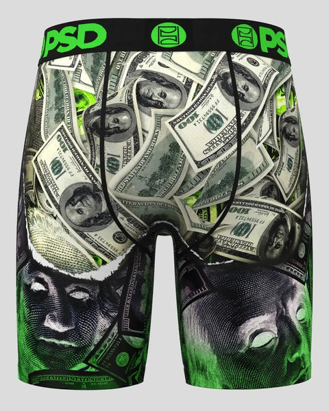 PSD boxer brief shorts with dollar bill and face print pattern in green, black, and white.