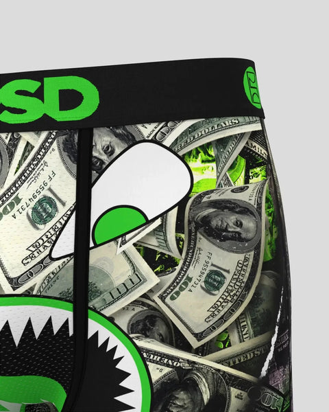 Black and neon green brief with dollar bill print, shark mouth graphic, and 