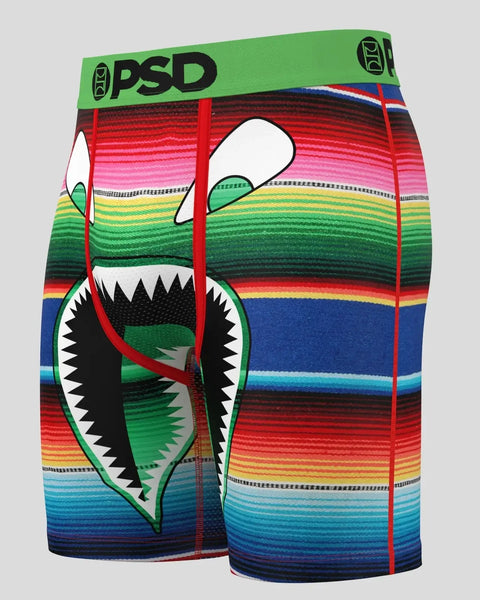PSD Warface Serape men's boxer briefs with multicolor striped pattern and graphic monster mouth design.