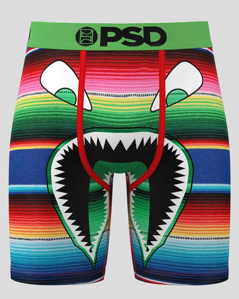 PSD boxer briefs with multicolor serape stripe pattern and graphic monster face design with sharp teeth.