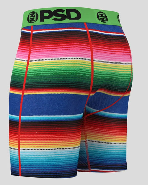 PSD boxer briefs with horizontal rainbow serape stripes and red seams.