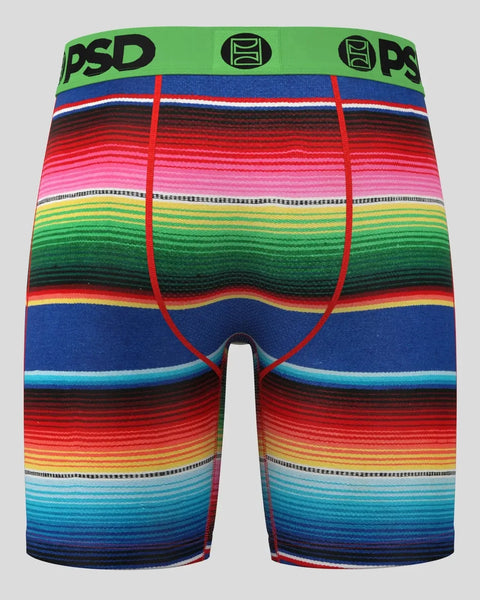 PSD brand boxer briefs with multicolor serape striped pattern and green waistband.