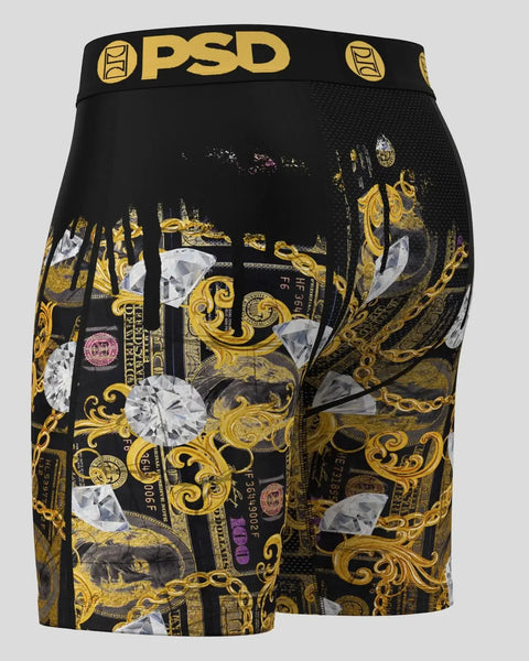 PSD black boxer briefs with gold ornamental patterns, diamond graphics, and branded waistband.