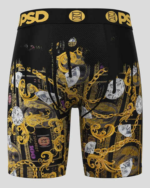Black boxer briefs with gold ornamental chains, marble elements, and 