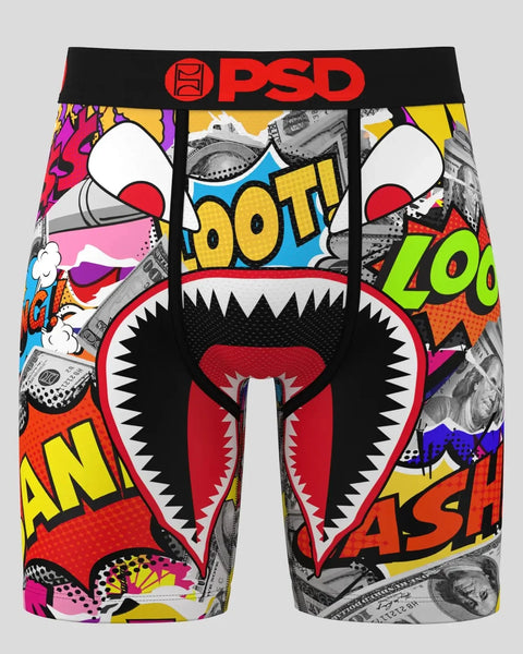 PSD Warface Loot boxer briefs with colorful comic-style graphics, open-mouth monster face design, and black waistband.