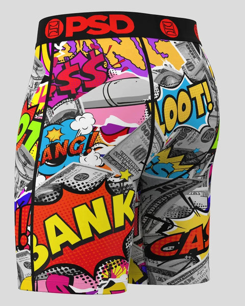 PSD Warface Loot boxer brief with colorful comic book style graphics and dollar bill pattern on black waistband.