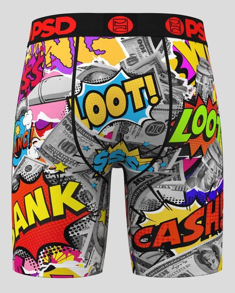 PSD Warface Loot boxer briefs with colorful comic book graphics and dollar bill pattern on gray background.