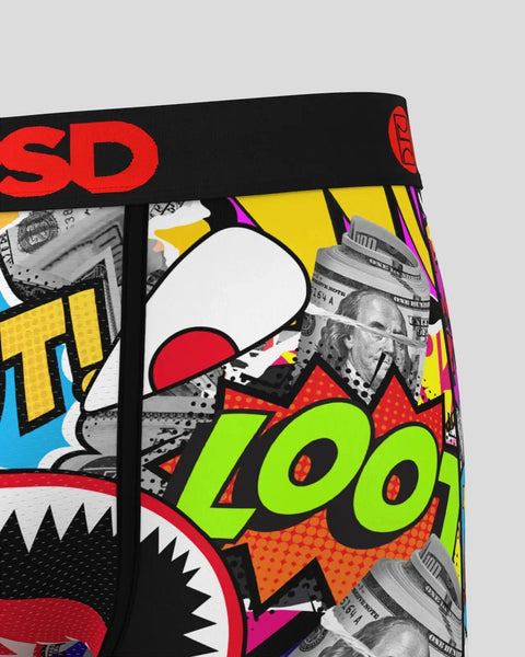 Black boxer briefs with colorful pop art design featuring red text, dollar bills, and large green 